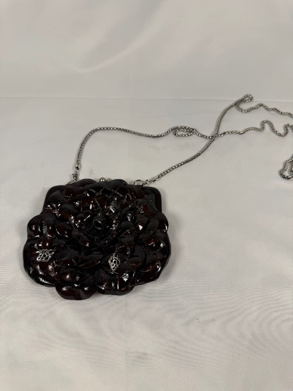 Brighton Floral Rosette Patent Mini Evening Bag Brown Kiss Lock Purse